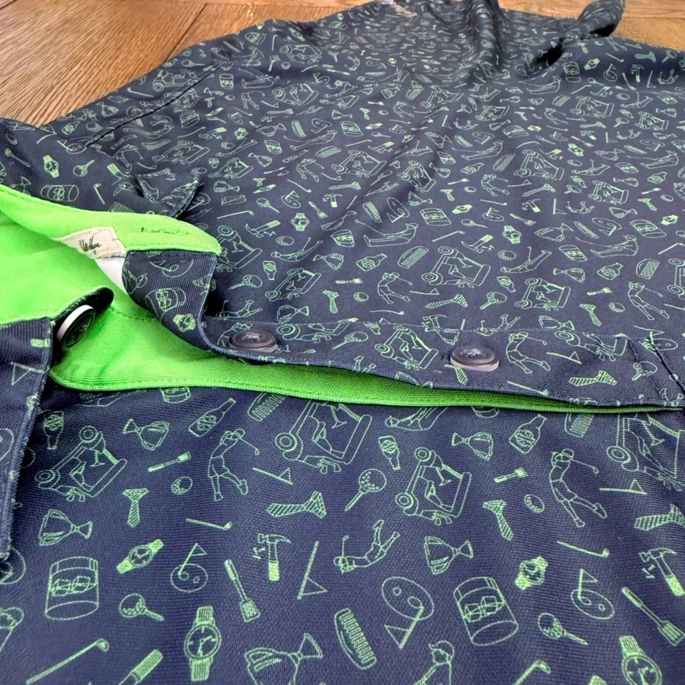 Walter Hagen Mens Navy Blue Lime Green Novelty Golf Print Polo Shirt Large